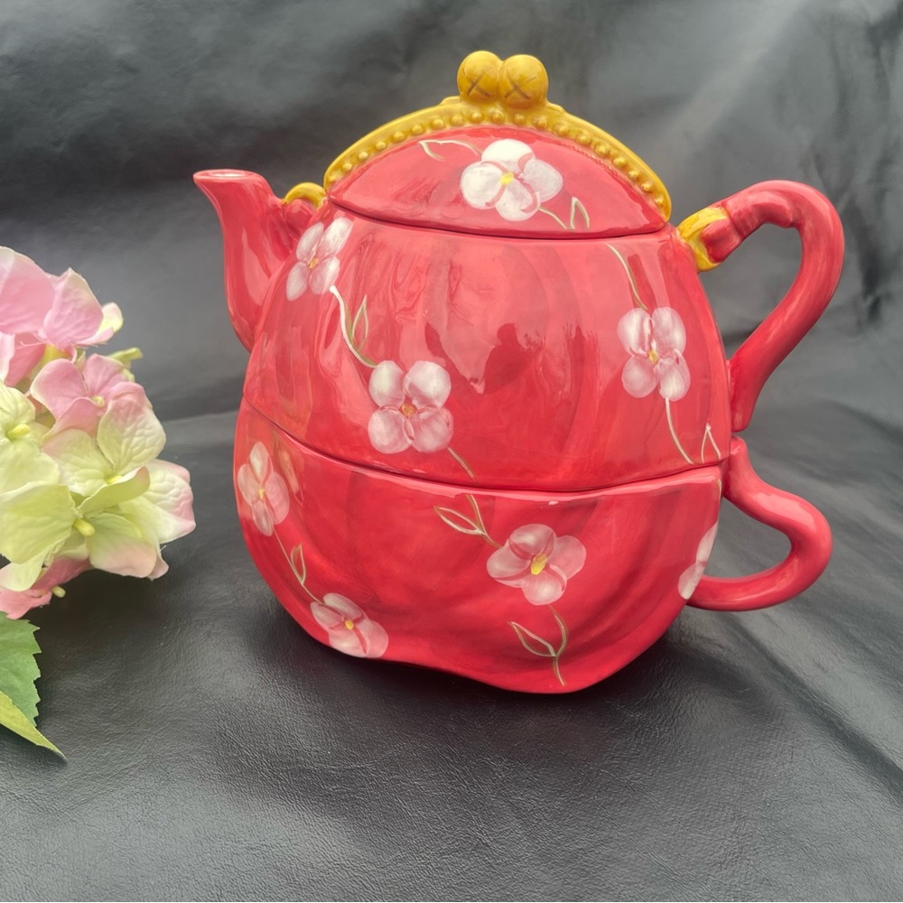 Tea pot and cup Certified International Deb Collins Red Purse 3 Pieces Nest
